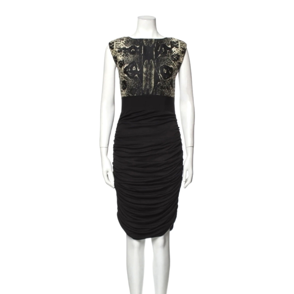 Giambattista Valli Paris Metallic Snakeskin Print & Black Ruched Bodycon Dress